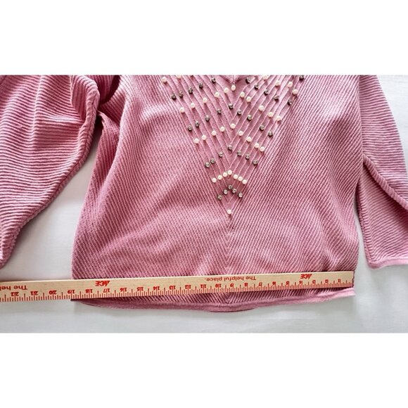 Pink Size L V-Neck Sweater With Pearl & Rhinestone Accents Ribbed A Love Story - Picture 11 of 13